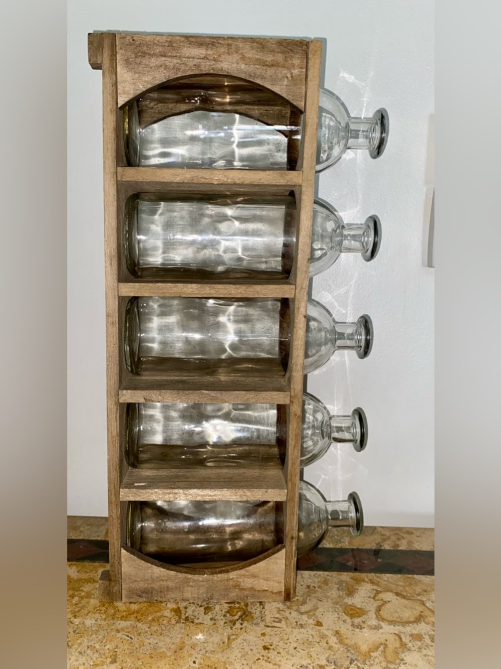 Rustic Wooden Crate with Five Glass Bottles - Clear & Natural Wood